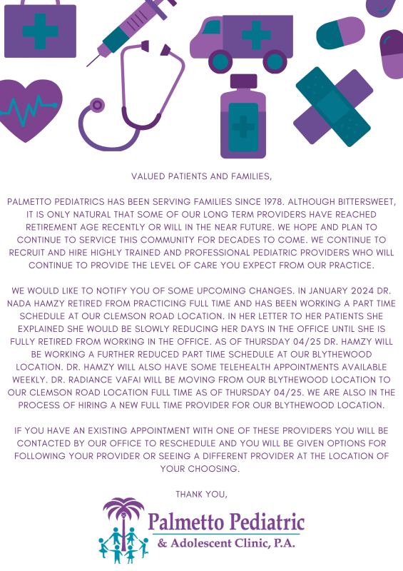 Palmetto Pediatrics Announcement